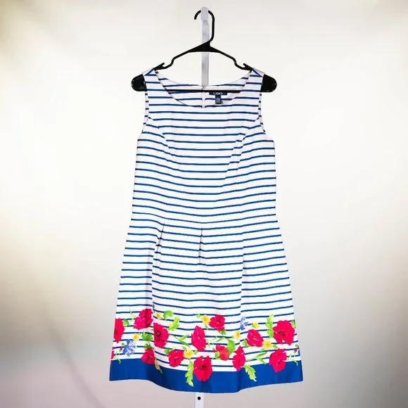 Chaps | Dresses | Chaps Ralph Lauren Womens Dress White Blue Striped Floral  Sheath Fit Flare 2 | Poshmark